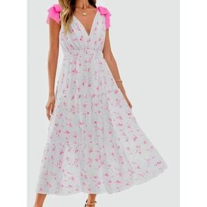 Wenrine Women White Pink Floral Tiered Bow Tie Shoulder Straps Dress Size L